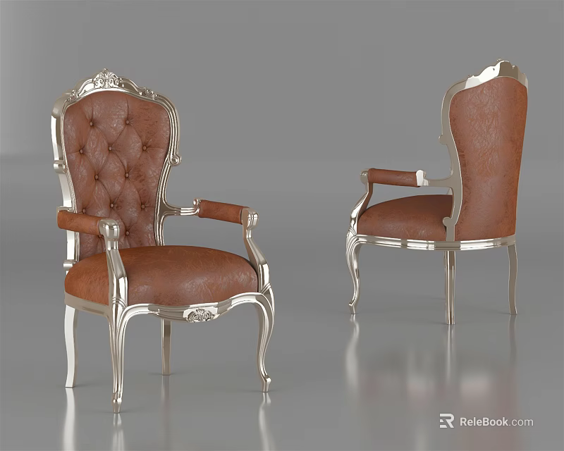 Elegant Ornate Accent Chair with Tufted Leather Backrest Metal Frame and Carved Armrests 3d model 