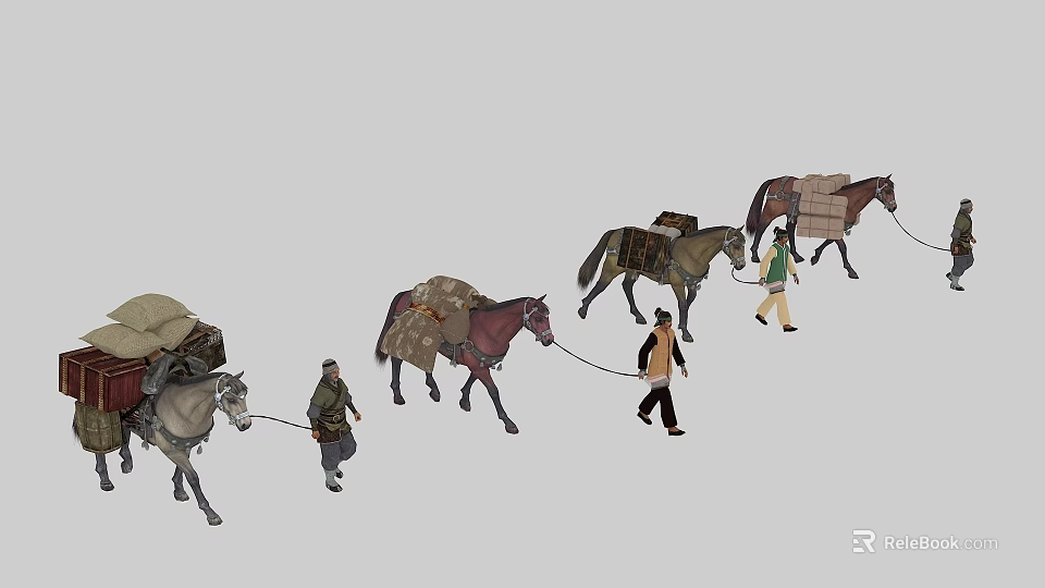 Group of People Walking With Loaded Horses Carrying Goods in Caravan 3d model 