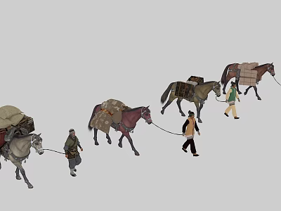 Group of People Walking With Loaded Horses Carrying Goods in Caravan 3d model