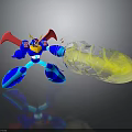Blue Robot Character With Red Wings Yellow Horns Holding Transparent Container With Glowing Biological Substance