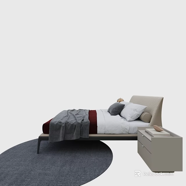 Modern Minimalist Double Bed With Beige Headboard White Sheets Red Accent And Bedside Table 3d model