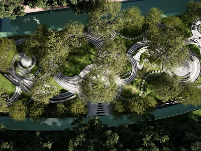 Scenic Park Landscape Design With Curved Pathways Lush Green Trees And Water Features 3d model