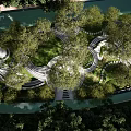 Scenic Park Landscape Design With Curved Pathways Lush Green Trees And Water Features