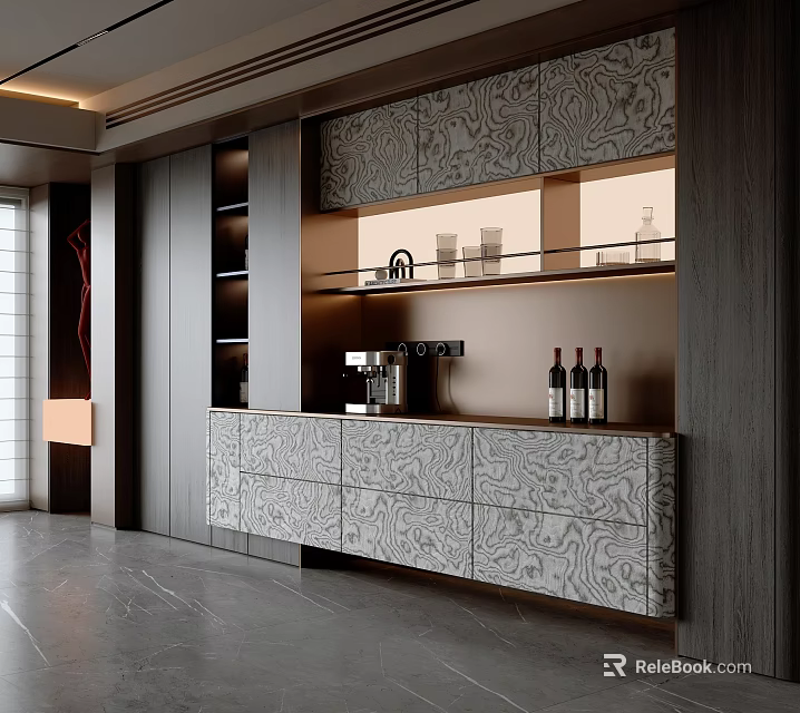 Modern Elegant Sideboard Design With Patterned Cabinets Open Shelves Decorative Items Coffee Machine And Bottles 3d model 