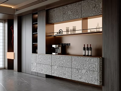 Modern Elegant Sideboard Design With Patterned Cabinets Open Shelves Decorative Items Coffee Machine And Bottles 3d model