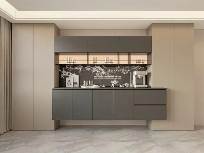Modern Wine Cabinet Design With Dark Cabinets And Decorative Elements In Kitchen Area 3d model