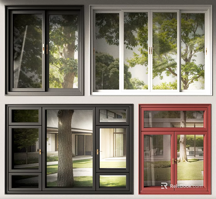 Modern Casement Windows With Black White Red Frames And Garden Tree View 3d model 