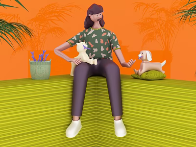 Game Movie Character Sitting On Green Striped Bench With Dog Toys And Palm Tree Silhouettes 3d model