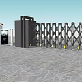 Automatic Security Gates With White Fence Black Retractable Design And Stone Pavement 3d model