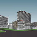 Modern Hospital Building Complex Featuring Glass Facade Red Signage And High Rise