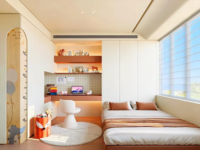 Kids Room Interior With Bed Study Desk Shelves Height Chart Round Rug And Window Blinds 3d model