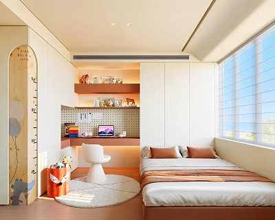 Kids Room Interior With Bed Study Desk Shelves Height Chart Round Rug And Window Blinds 3d model