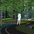 Scenic Park Landscape with Lush Trees Winding Path Green Grass and People Enjoying Walk