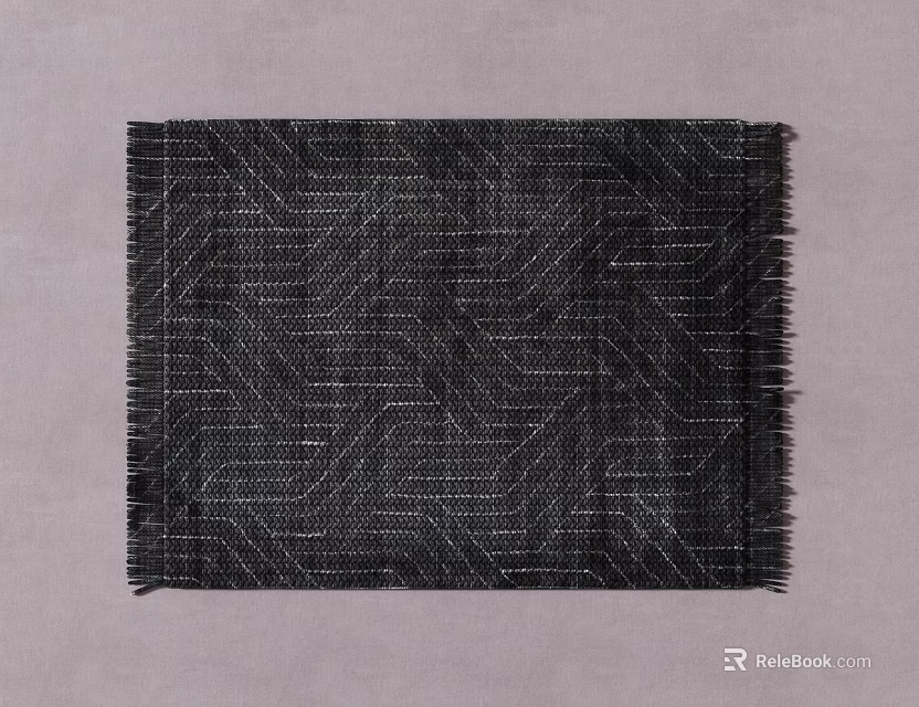 Modern Black Square Rug Featuring Geometric Line Pattern And Fringe Edges 3d model 