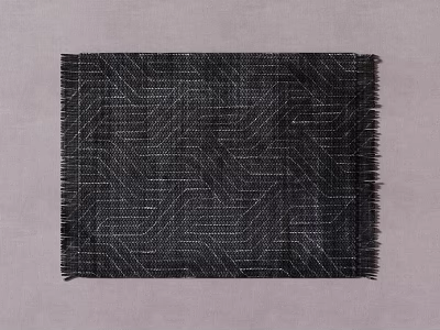 Modern Black Square Rug Featuring Geometric Line Pattern And Fringe Edges 3d model