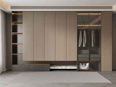 Modern Minimalist Wardrobe With Light Wood Sliding Doors Open Shelves And Hanging Space 3d model