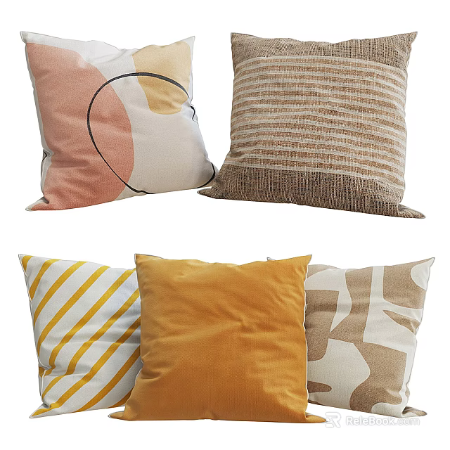 Stylish Decorative Throw Pillows With Pink Geometric Brown Striped Yellow Beige And Orange Solid Patterns 3d model