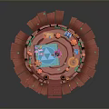 Vibrant Circular Cartoon Wooden Platform Setup With Small House Pool Stairs And Decorations