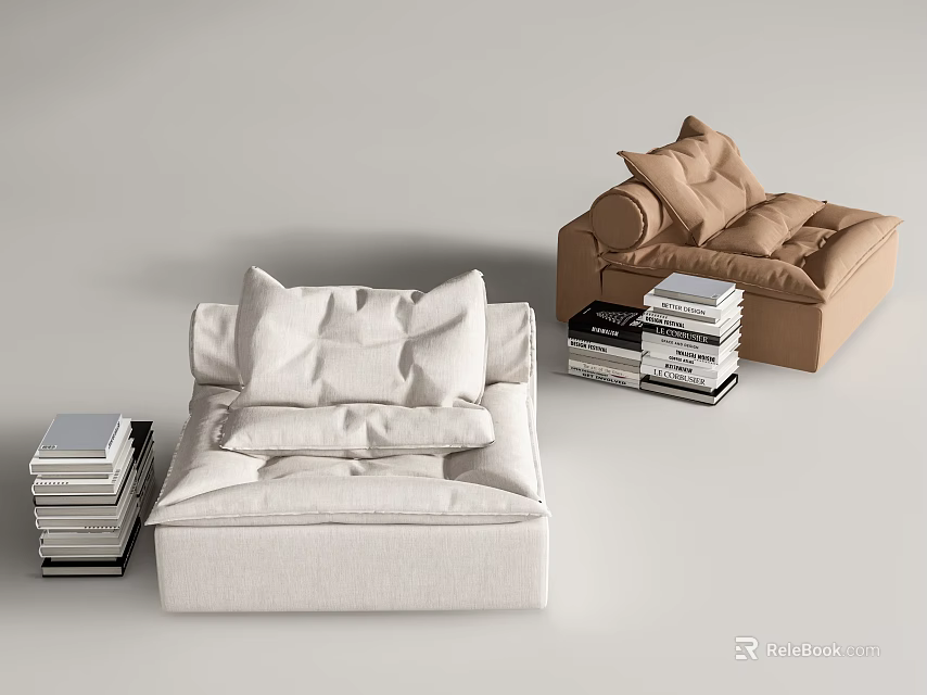 Cozy White And Tan Single Sofas With Stacks Of Books Next To Them 3d model 