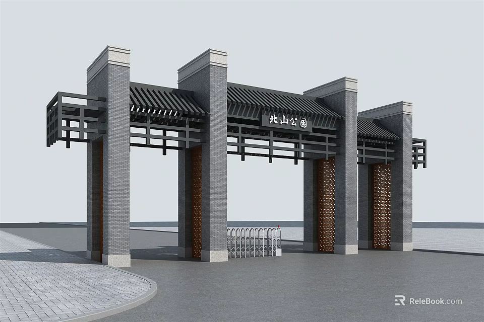 Traditional Chinese Entrance Gate with Gray Stone Pillars and Black Roof Structure 3d model 