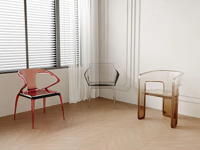 Red Transparent and Brown Single Chairs with Acrylic Design on Wooden Floor and White Wall 3d model