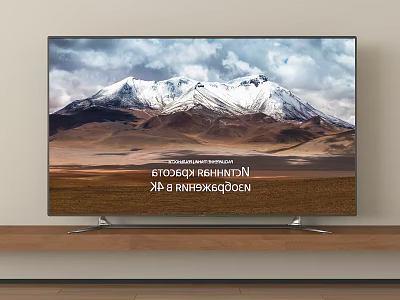 Modern Television Displaying Snowy Mountain Scenery With High Definition Screen On Wooden Shelf 3d model