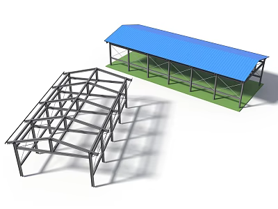 Industrial Steel Construction Framework With Blue Roof And Green Base 3d model