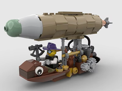 Steampunk Building Blocks Airship Model with Brown Boat Purple Hat Minifigure and Telescope 3d model