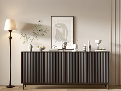 Modern Minimalist Entryway Console Cabinet With Ribbed Design Decorative Items Floor Lamp And Wall Painting 3d model
