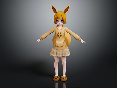 Anime Girl With Fox Ears Tail In Yellow Fox Design Hoodie And Plaid Skirt 3d model