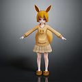 Anime Girl With Fox Ears Tail In Yellow Fox Design Hoodie And Plaid Skirt