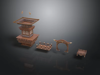 Detailed 3D Ancient Wooden Architecture Models Featuring Pagoda Archway And Pavilion 3d model