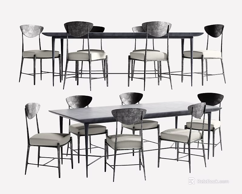 Modern Dining Table Set With Metal Frame Chairs And Upholstered Seats 3d model