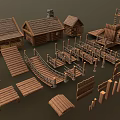 Rustic Log Cabin Architecture With Wooden Bridge And Fence Details