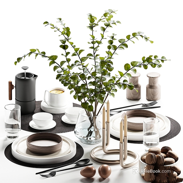 Minimalist Natural Tableware Set with Green Plant Wooden Containers Cups Plates and Tea Set 3d model 