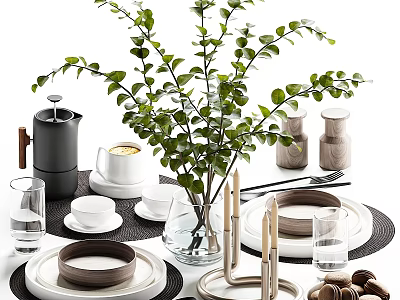Minimalist Natural Tableware Set with Green Plant Wooden Containers Cups Plates and Tea Set 3d model