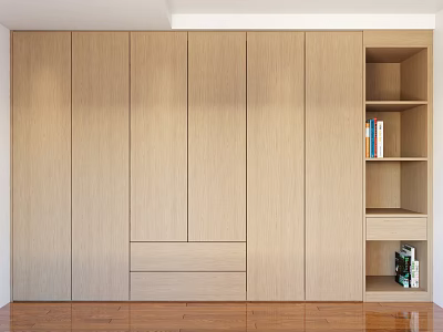 Modern Wooden Wardrobe With Open Side Shelf And Books In Interior Design 3d model