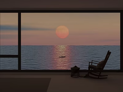 Indoor Rocking Chair by Large Window with Ocean Sunset and Small Boat View 3d model