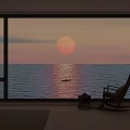Indoor Rocking Chair by Large Window with Ocean Sunset and Small Boat View