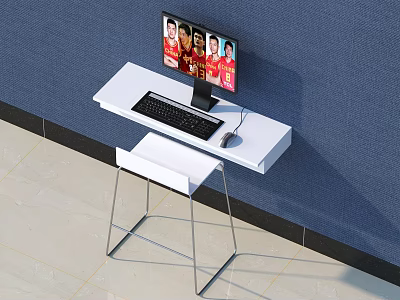 White Office Desk With Monitor Keyboard Mouse And Metal Legs Against Blue Wall 3d model