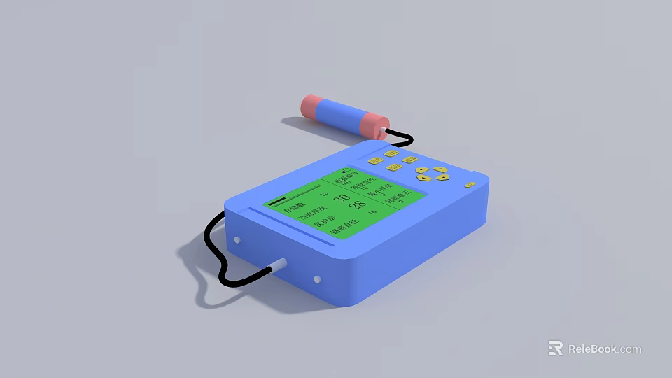 Industrial Measuring Device with Blue Casing Green Display Yellow Buttons and Pink Blue Cylindrical Component 3d model 