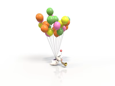 Playful Cartoon Dog Holding Bell With Colorful Floating Balloons In White Background 3d model