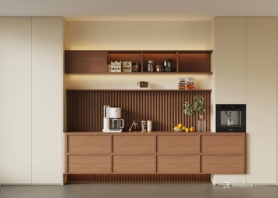 Modern Kitchen Wooden Sideboard With Shelves Coffee Machine Fruits And Plant 3d model 