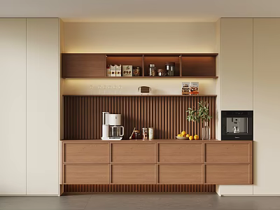 Modern Kitchen Wooden Sideboard With Shelves Coffee Machine Fruits And Plant 3d model