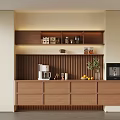 Modern Kitchen Wooden Sideboard With Shelves Coffee Machine Fruits And Plant