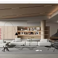 Modern Living Room Interior With White Sofa Wooden Bookshelf Floor Lamp And Coffee Table