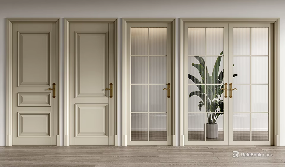 Cream Hinged Doors With Brass Handles Solid And Glass Panel Interior Design 3d model 