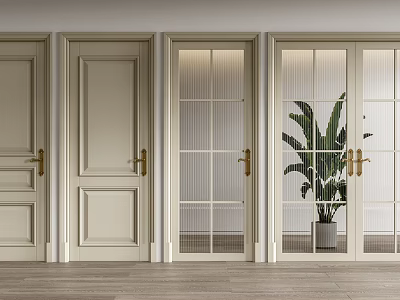 Cream Hinged Doors With Brass Handles Solid And Glass Panel Interior Design 3d model
