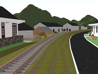 Modern track country railway track road house 3d model