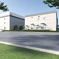 Modern Industrial Factory Building With White Exterior Gray Roof Green Lawn Trees And Road Frontage